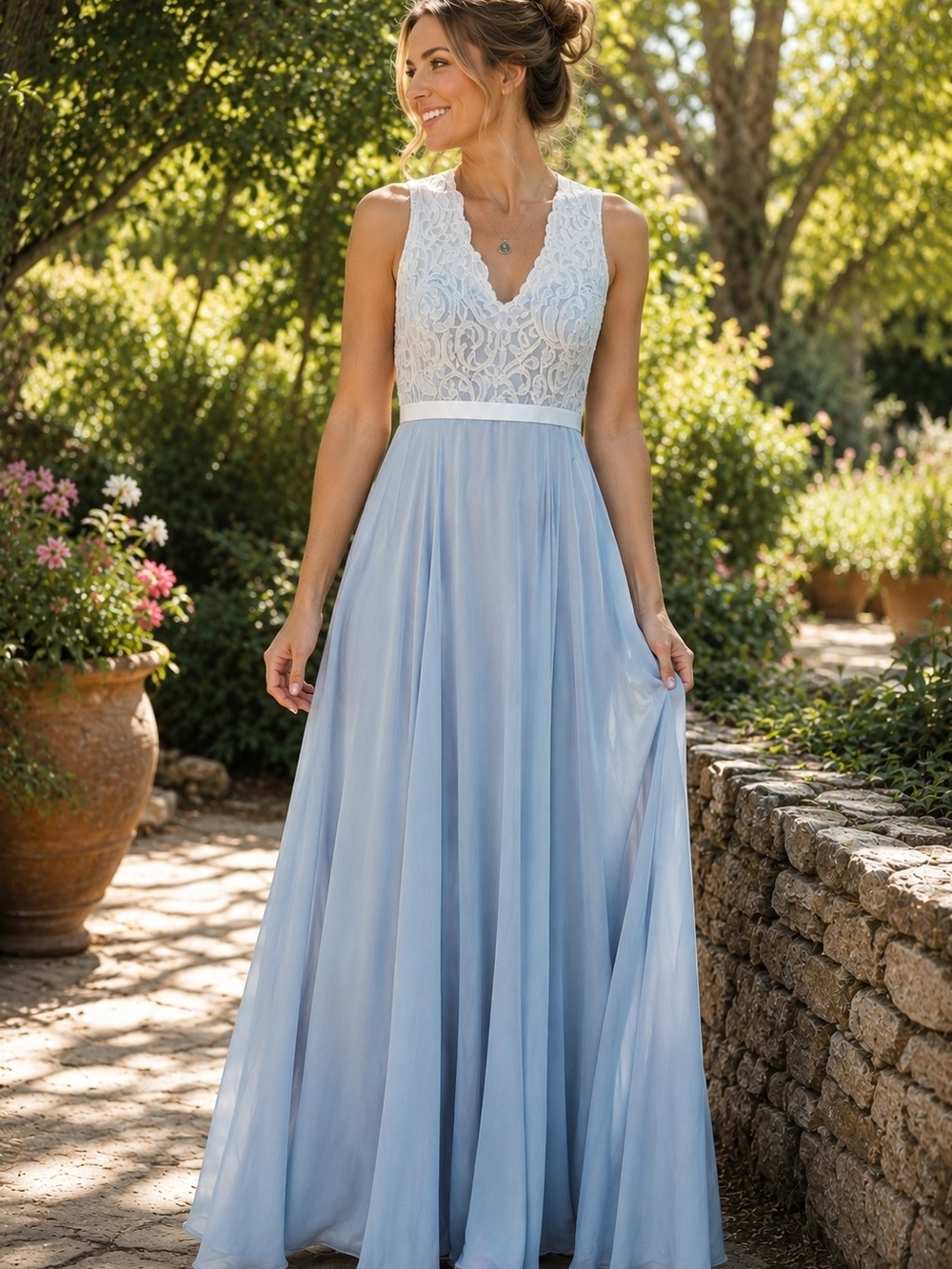 After Six Light Blue Lace Bodice Maxi Dress Formal Prom Bridesmaid Gown Size 6